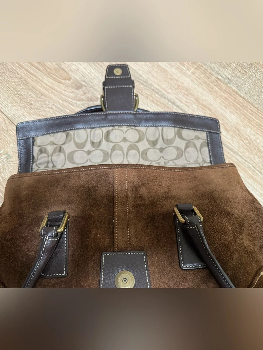 Coach Brown Suede Satchel with Dark Brown Leather Trim and Gold Hardware